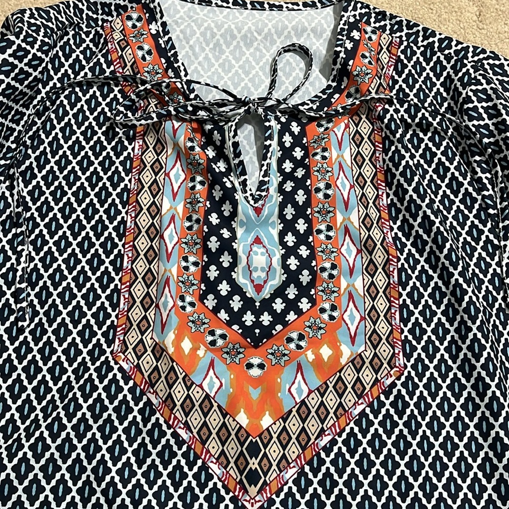 3XL Boho Tunic Dress – Printed Neckline – Navy/White/Multicolor, LIKE NEW - Picture 10 of 12